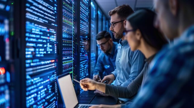 IT developers team writing server script code in data center on laptop terminal. Teamworking programmers doing maintenance work in high tech facility updating rigs software.