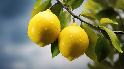 Two ripe lemons on a lemon tree