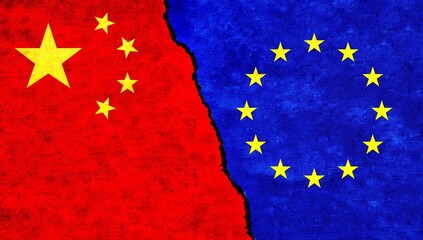 China and European Union flag together on wall. China EU relations, conflict, economy, friendship, trade concept. EU vs China