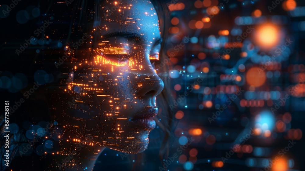 Poster a womans face is illuminated by a complex network of data, showcasing the power of ai-driven data vi