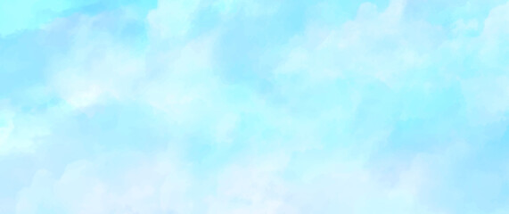 Blue vector watercolor art background with white clouds and blue sky. Hand drawn vector texture. Heaven. Watercolor banner. Abstract template for flyers, cards, poster, cover or design interior.