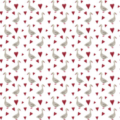 Goose, geese with hearts seamless pattern, hand drawn watercolor cute cartoon ducks background