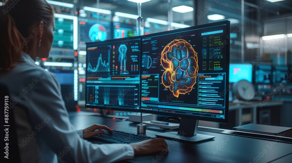 Poster a woman sits at a desk, working with machine learning models on a computer screen, displaying data a