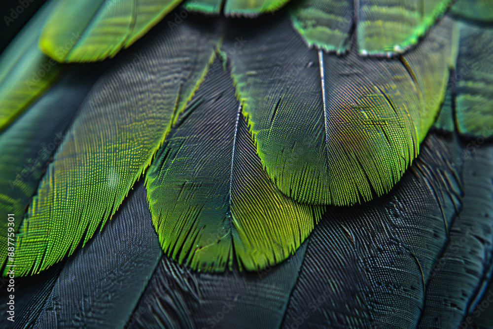 Wall mural a close up of the texture and pattern on an exotic bird feather, with green feathers on one side and
