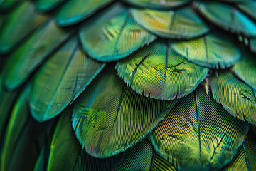 Fototapeta premium A close up of the texture and pattern on an exotic bird feather, highlighting its green hues and black lines. The neutral background highlights details. Soft lighting highlights textures and patterns.