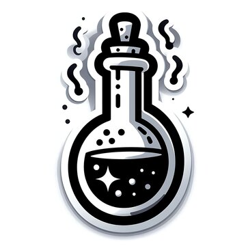 recommend clip art: Silhouette potion bottle with liquid and sparkles. Magical theme. Black sticker with white border isolated on white background. Design for print. Halloween concept
