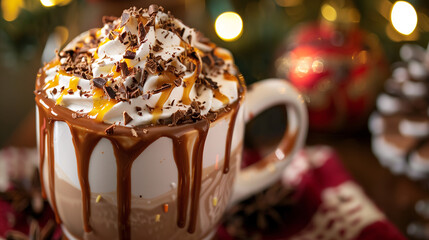 a decadent signature hot chocolate, topped with whipped cream, chocolate shavings, and a drizzle of caramel, served in a festive mug with a cozy, holiday-themed background