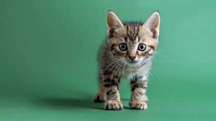 Obraz premium A small tabby kitten with big eyes looks up curiously at the camera.