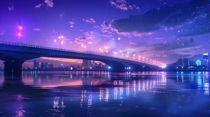 Fototapeta premium Night Cityscape with Bridge and River