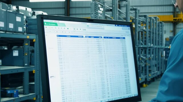 A Warehouse worker viewing a spreadsheet on a computer screen at a factory