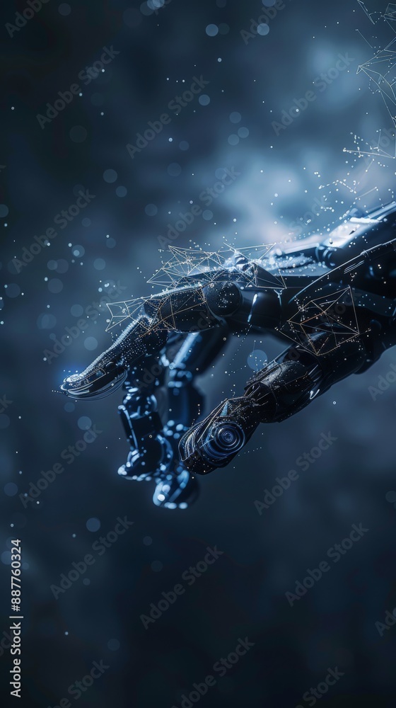 Poster close-up of a robotic hand with intricate details and digital connections. ideal for showcasing adva