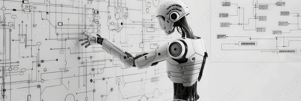 Aufkleber Side view of a humanoid robot interacting with a digital interface. Represents human-robot interaction and AI integration.