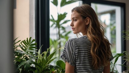 A woman wearing a striped shirt stands among indoor plants, creating a natural and serene atmosphere in a modern, well-lit room.
