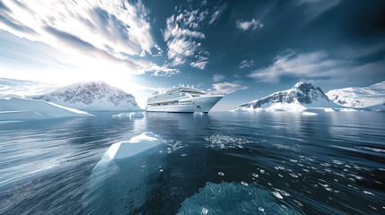 Cruise ship sailing in icy waters with icebergs and snow-covered mountains under a partly cloudy sky.