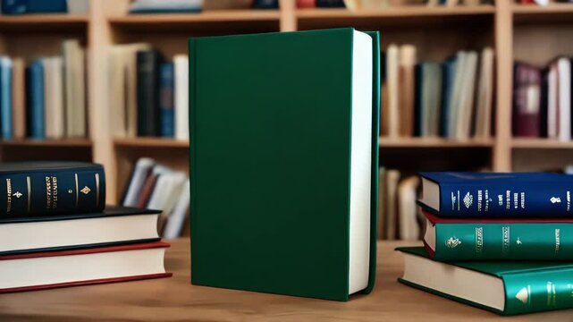 Bookshelf filled with books and a green screen book in the center, perfect for customization