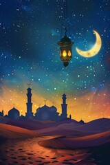 Fototapeta premium Silhouette of a mosque against a starry night sky with a crescent moon and a lantern hanging in the air.