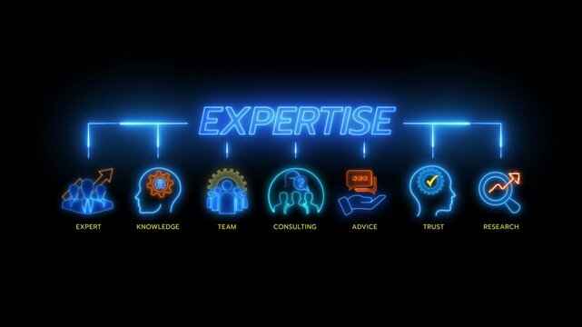 Expertise concept for representing knowledge with icon of expert, consulting, knowledge, team, advice, trust and research. Glowing neon line expertise banner icons isolated on transparent background.