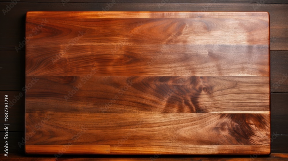 Wall mural Handmade wooden cutting board background. A handcrafted black walnut wood chopping board sits on a dark-toned tabletop. walnut wood board 