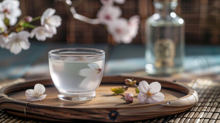 a glass of Japanese sake served in a traditional ochoko cup, placed on a wooden tray with a small bottle of sake and cherry blossoms in the background