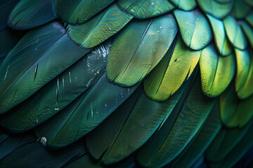 Fototapeta premium A close up of the texture and pattern on an exotic bird feather, highlighting its green hues and black lines. The neutral background highlights details. Soft lighting highlights textures and patterns.