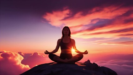Woman practicing yoga at sunrise, sitting in a meditative pose on a rock