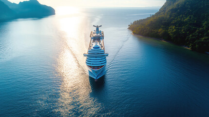 Fototapeta premium Aerial view of a cruise ship sailing through calm waters between two forested landmasses during sunset.