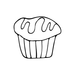 A hand-drawn muffin, a black and white  cupcake icon, a cute pastry doodle, a cake sketch