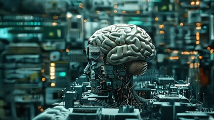 A mechanical brain, reminiscent of a human skull, stands tall in a futuristic city setting - Powered by Adobe