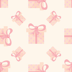 A cute birthday present pattern in pastel pink and cream colors, a girly seamless background with gift boxes wrapped with ribbons
