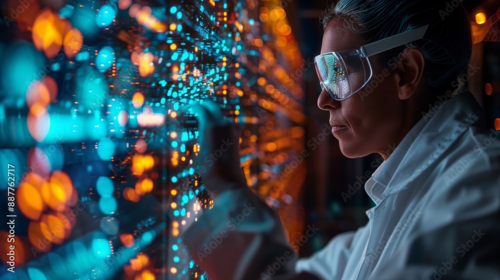 Poster a scientist in a laboratory setting trains an ai model using a complex system of lights and data.