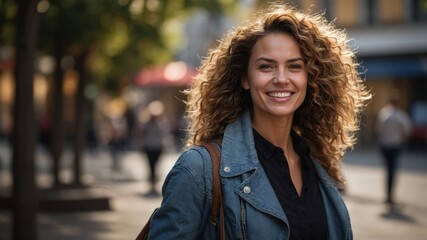 A smiling woman with curly hair stands confidently in an urban area, wearing a casual jacket, radiating warmth and positivity with a blurred city backdrop.
