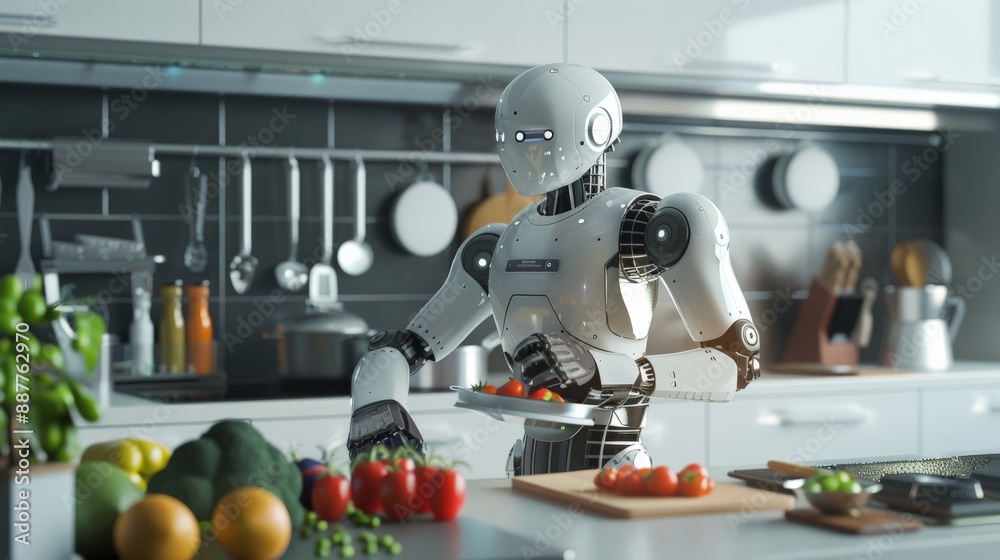 Poster futuristic robot cooking with fresh vegetables in high-tech kitchen. advanced ai and robotics in hom