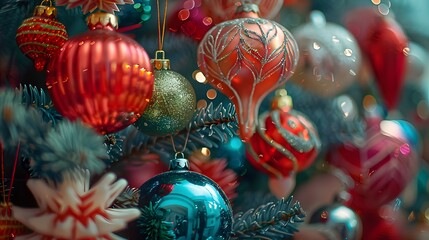 Naklejka premium Close-Up of Colorful Christmas Ornaments on a Festive Tree with Bokeh Lights in the Background
