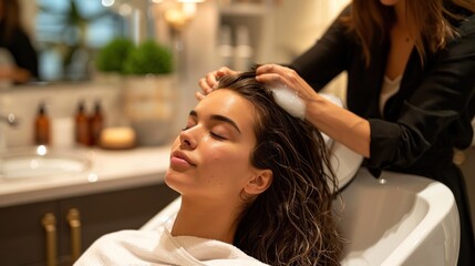 A mother receiving a luxurious hair treatment at a modern salon, with a stylist gently massaging her scalp. She sits in a sleek, comfortable chair, surrounded by stylish decor and soft, warm