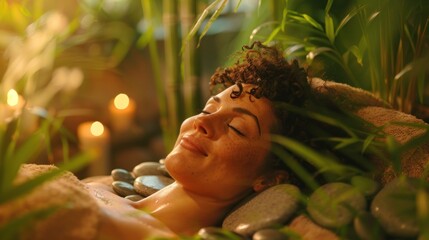 Obraz premium A peaceful spa scene where a mother is getting a hot stone massage, her face relaxed and eyes closed. The spa room is decorated with natural elements like bamboo and stones, and soft lighting