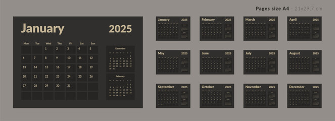 2025 Calendar Planner Template. Vector layout of a wall or desk simple calendar with week start Monday. Calendar grid in dark color