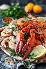 A sumptuous seafood platter featuring lobster, shrimp, and crab legs, ideal for a luxurious summer meal.