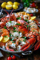 A sumptuous seafood platter featuring lobster, shrimp, and crab legs, ideal for a luxurious summer meal.