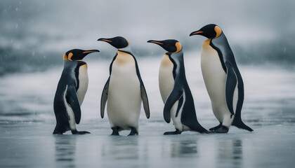 Obraz premium A colony of penguins huddling on the ice, overcast day 
