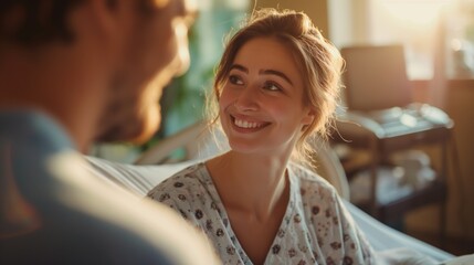 Pregnant woman with husband in a hospital room waiting for labor and delivery