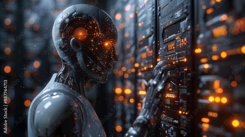 Poster an ai robot with glowing orange eyes interacts with a complex server panel, suggesting its role in d