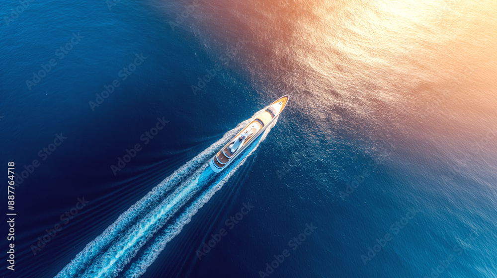 Sticker aerial view of a luxury yacht cruising on the open sea, leaving a trail in the deep blue water with 