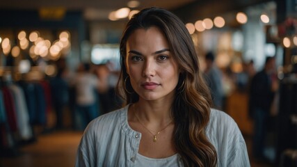 A woman in casual clothing stands in an urban market, looking into the camera with a composed expression, surrounded by blurred lights and people.
