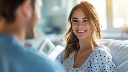 Pregnant woman with husband in a hospital room waiting for labor and delivery