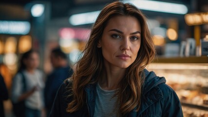 A woman wearing a casual jacket stands in an urban marketplace, looking directly at the camera with a calm expression, surrounded by a busy background.
