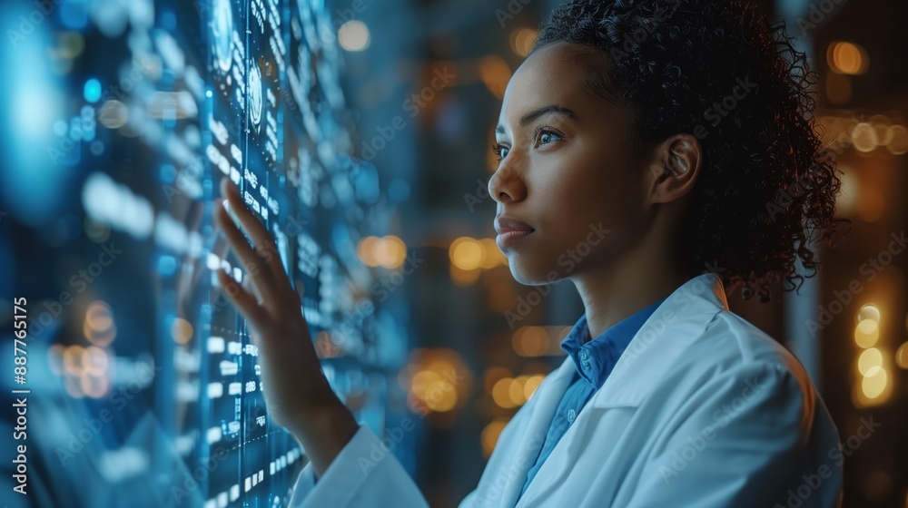 Poster a scientist examines insights generated by artificial intelligence displayed on a large screen.