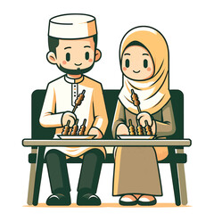 illustration of a happy Muslim couple eating together