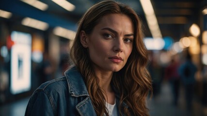 A woman wearing a denim jacket stands in an urban setting, looking serious and contemplative, with blurred lights and people in the background.
