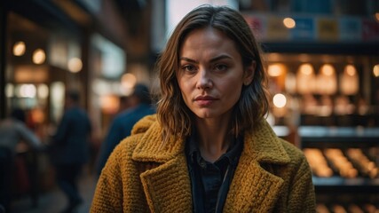 A woman wearing a yellow coat stands in an urban market, surrounded by bustling activity and lights, looking directly at the camera with a serious expression.
