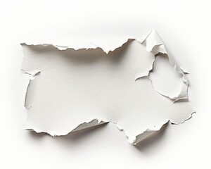 Torn white paper with a folded corner creating a hole resting on a white surface
